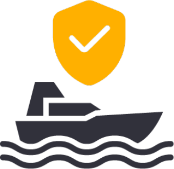 Icon of a boat on waves with a shield icon above it with a checkmark