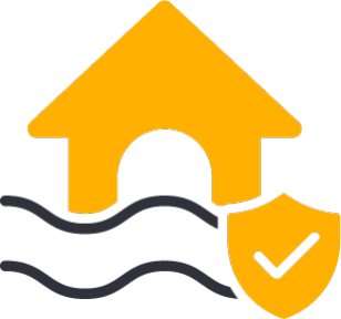 Icon of a house with waves in front of it and a shield icon with a checkmark on it