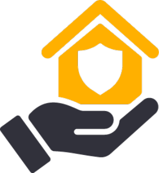 Icon of a hand with an open palm supporting a house with a shield icon in it