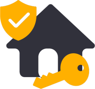 Icon with a house in the background, with key in the front, and a shield with a checkmark